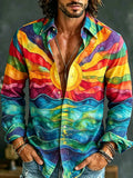 Men's Hippie Sunset Patchwork Print Casual Long Sleeve Linen Shirt