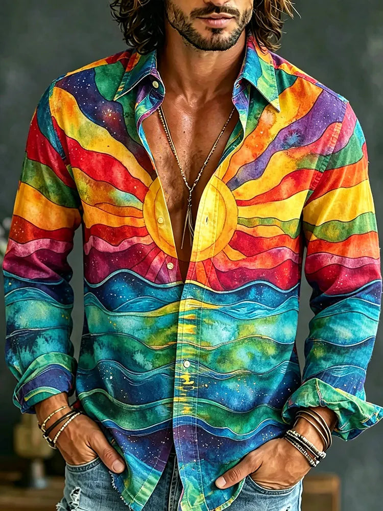 Men's Hippie Sunset Patchwork Print Casual Long Sleeve Linen Shirt