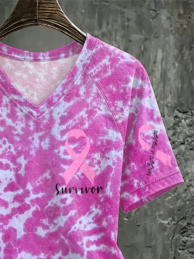 V Neck Retro Breast Cancer Ghost Pink Ribbon Survivor Her Fight Is My Fight Print T-Shirt