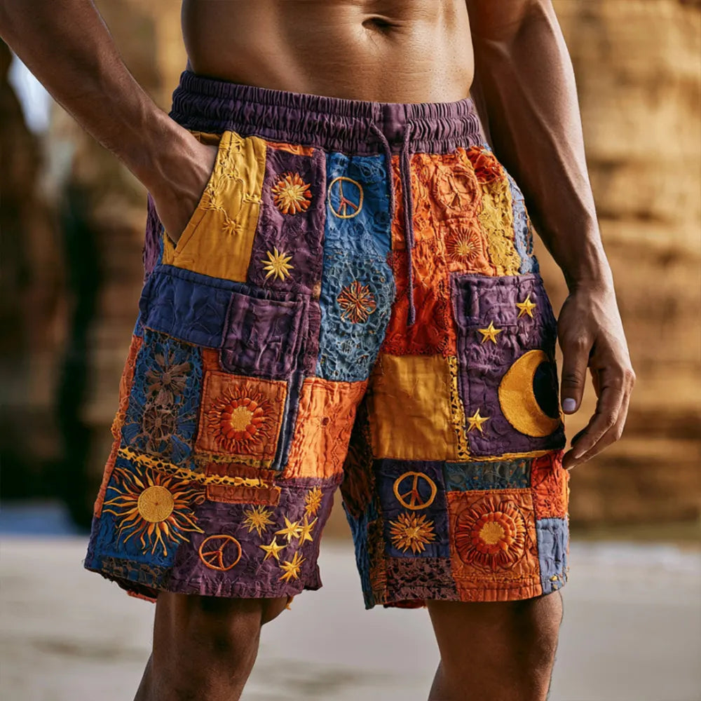 Vintage Hippie Sun Moon Stars And Peace Symbol Art Patchwork Distressed Cotton Linen Shorts