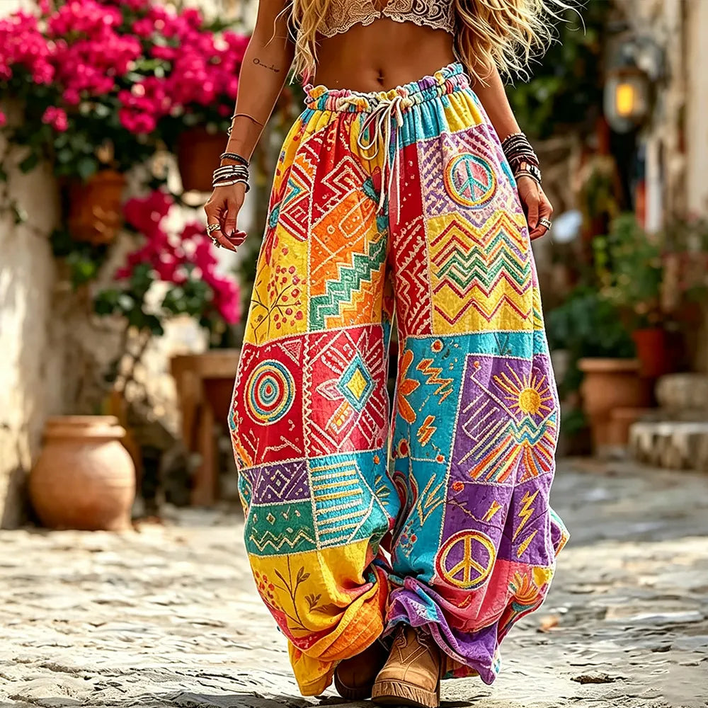 Women's Bohemian-style Color-blocked Print Drawstring Wide-leg Trousers, Adorned With Geometric And Peace Symbol Patterns.