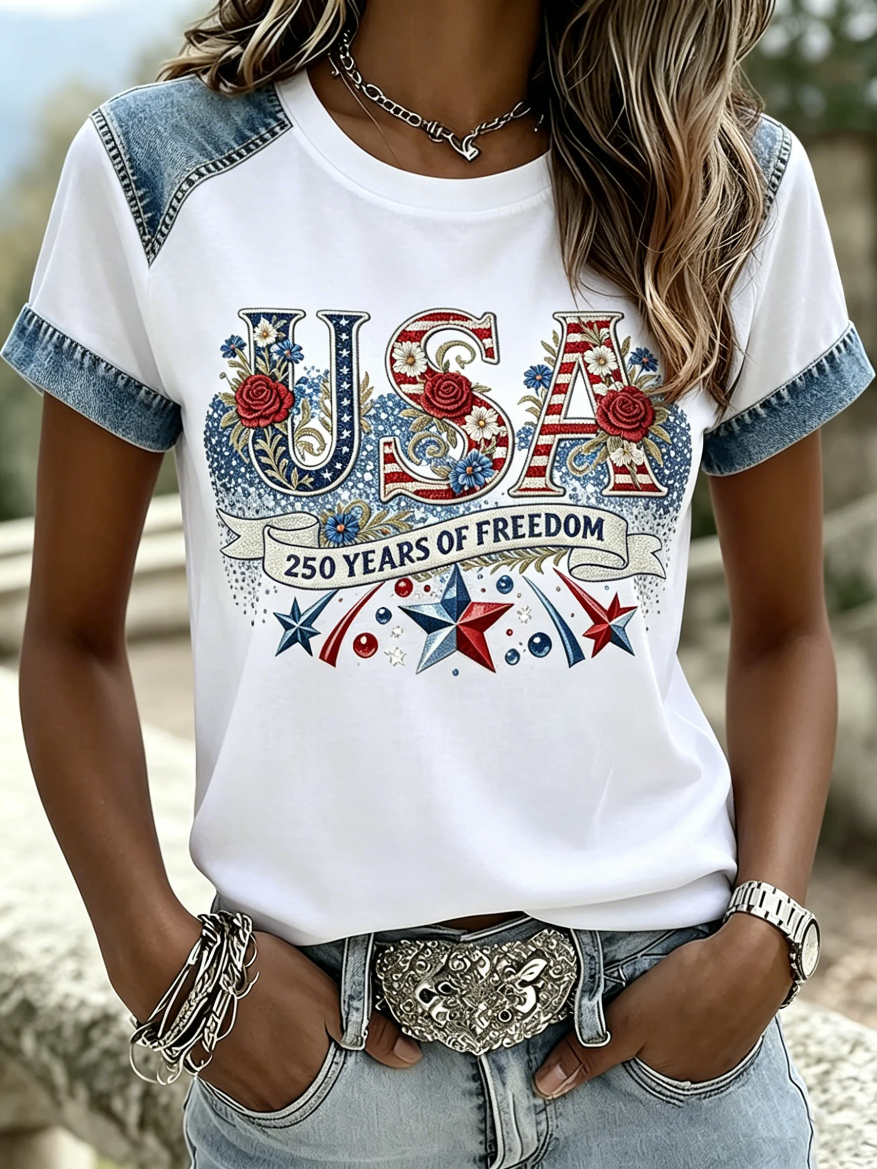 Women'S American Independence Day 250Th Anniversary Printed Short Sleeved T-Shirt
