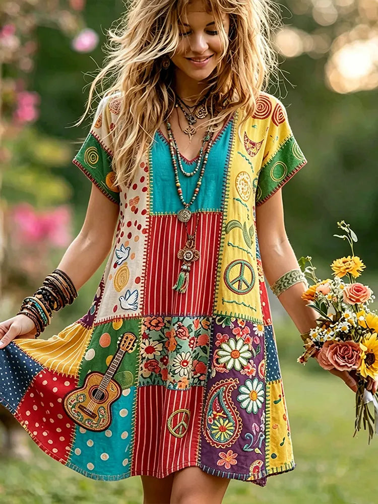 Women's Retro Hippie Peace And Music Art Pattern Casual Dress