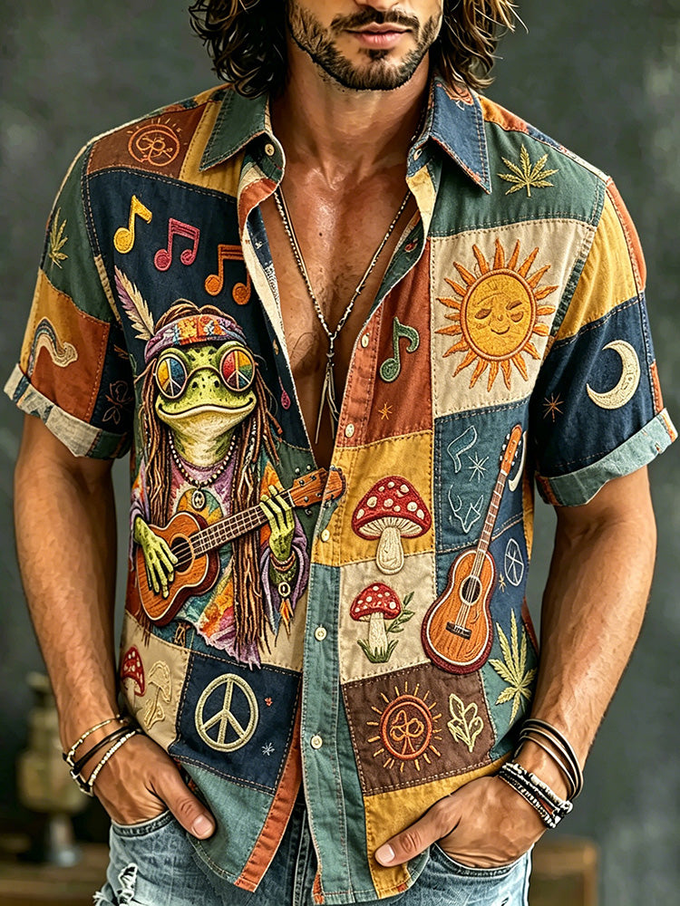 Men's Hippie Patchwork Art Print Short Sleeve Shirt