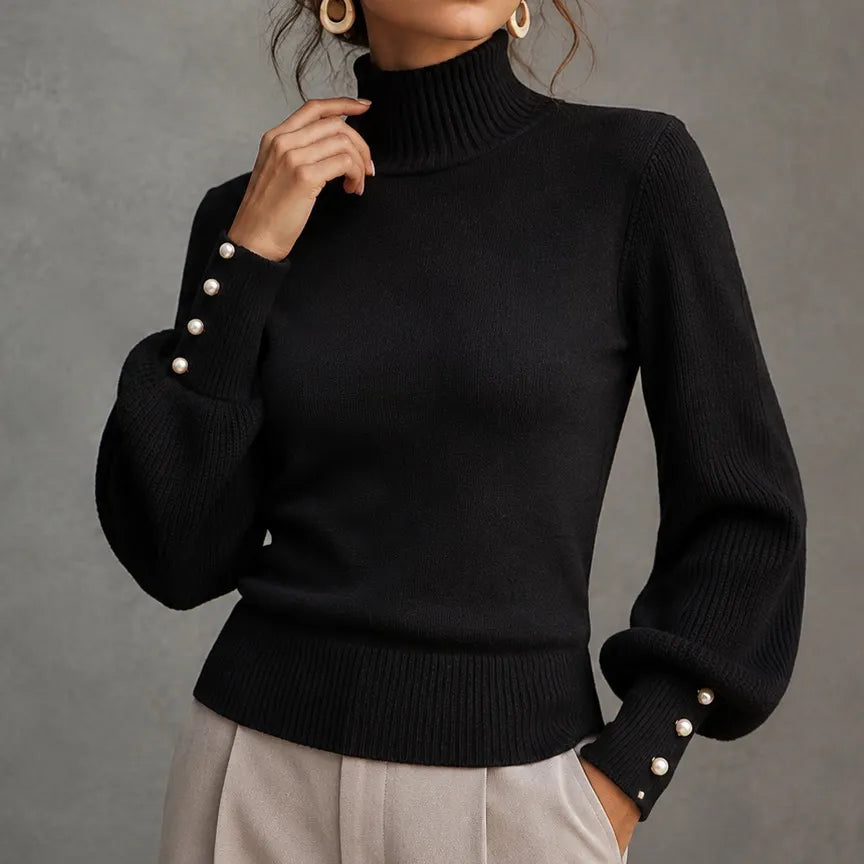 Elegant Solid Color Turtleneck Beaded Sweater
