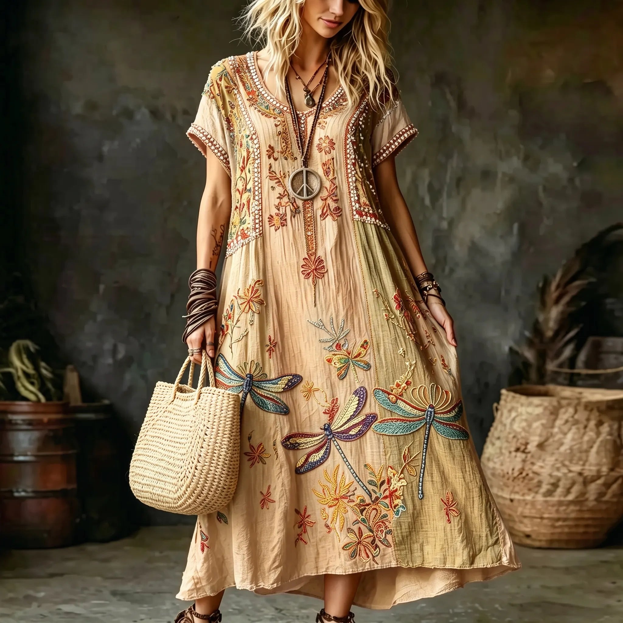 Women's Vintage Hippie Floral And Dragonfly In Patchwork Pattern Art Embroidered Linen Blend Maxi Dress