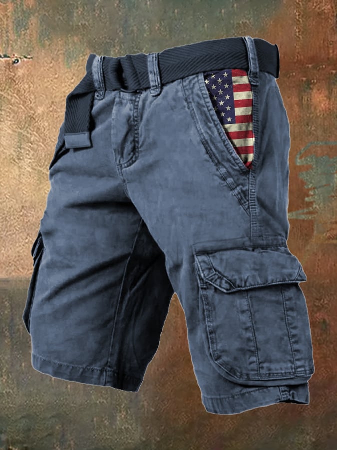 Men's Vintage Flag Independence Day Multi-Pocket Print Cargo Shorts (Belt Not Included)