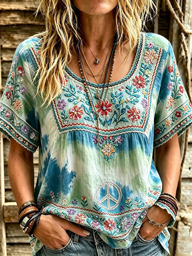 Women's Retro Hippie Protect The Earth With Floral Tie-dye Cotton Linen Short-sleeve T-shirt