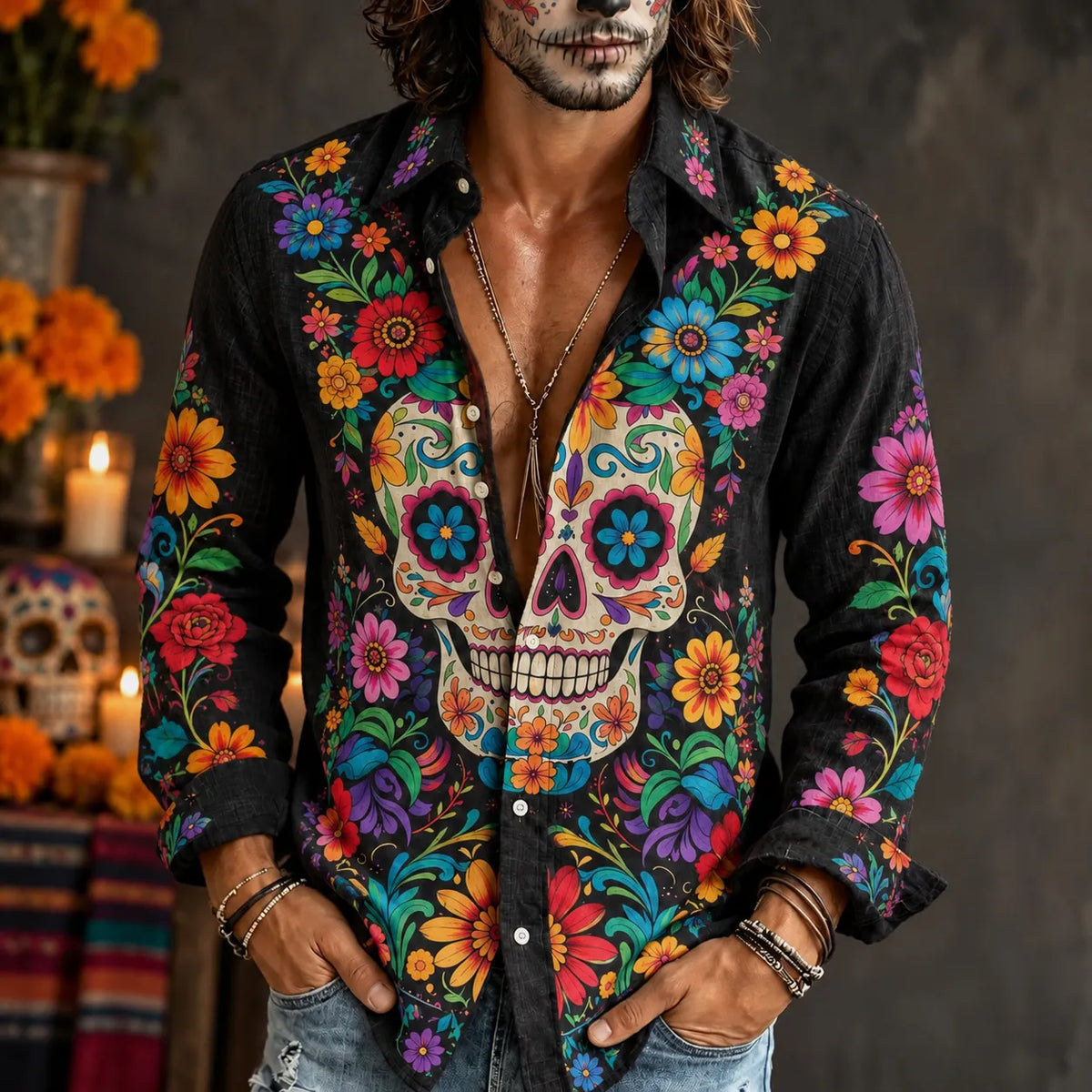 Men‘s Retro Mexico Day Of The Dead Floral Skull Printed Long-sleeved Shirt