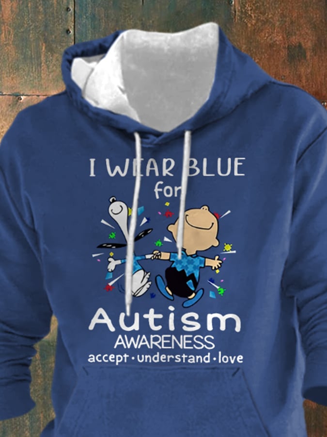 Retro Autism Awareness I Wear Blue For Autism With Pocket Print Hoodie