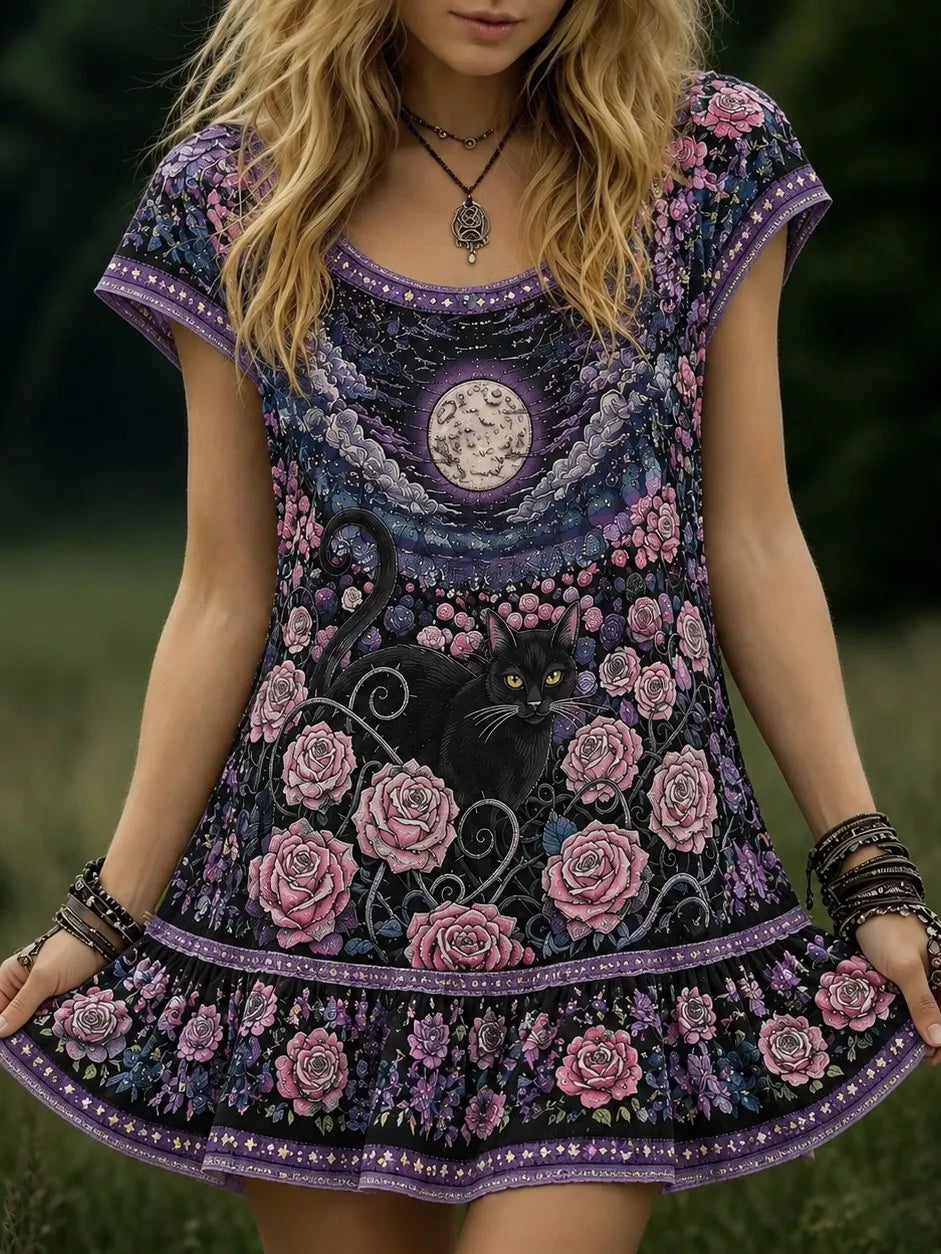 Women's Vintage Bohemian Floral And Cat Embroidered Sequined Print Dress