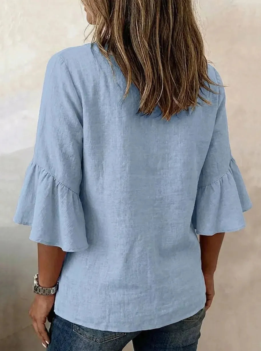 Women'S Solid-Color V-Neck 3/4-Sleeve Casual Loose Cotton-Linen Top