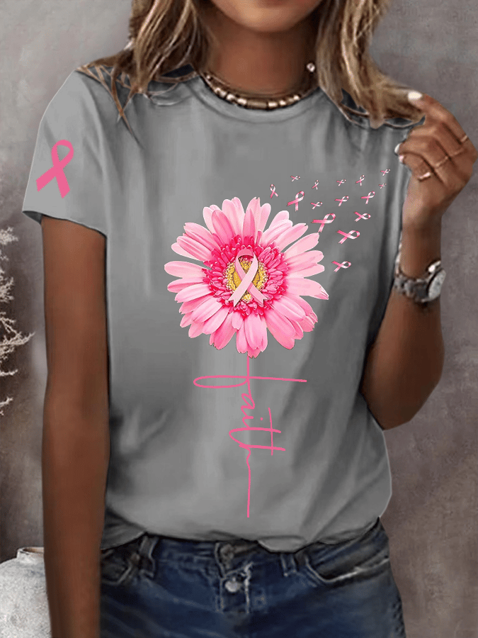 Women's Pink Daisy Faith Pink Ribbon Faith Hope Love Breast Cancer Awareness Print Round Neck Short Sleeve T-Shirt