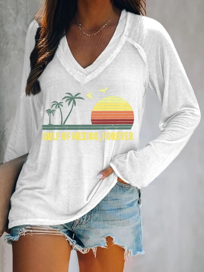 Women's Gulf Of Mexico Print V Neck T-Shirt