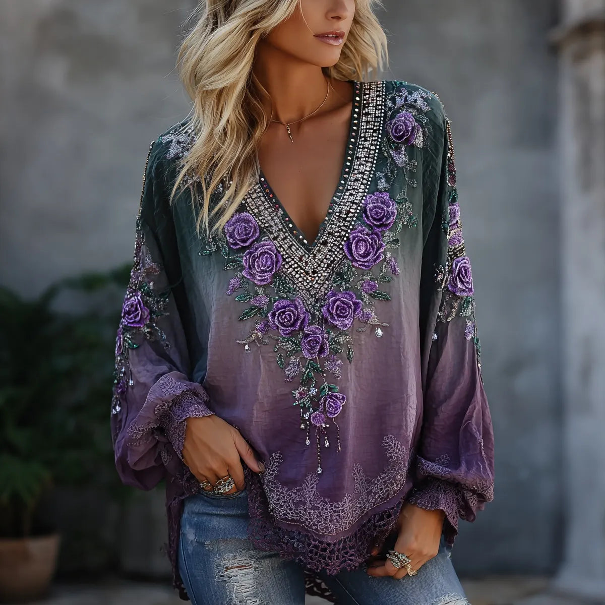Women's Vintage Floral Art Flowy Cotton Linen V-neck Long-sleeved Top