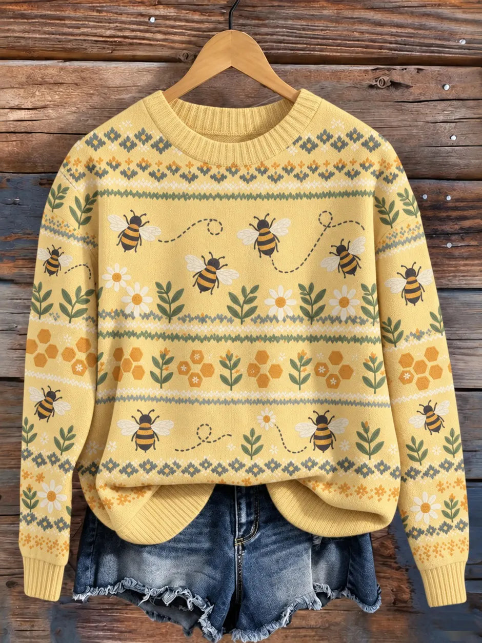 Women's Retro Fly Bee With Floral Pattern Cozy Fair Isle Style Knit Sweater