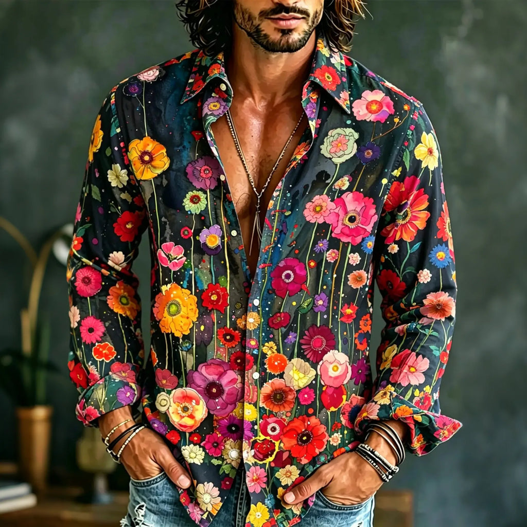 Men's Vintage Hippie Floral Art Print Long Sleeves Linen Shirt