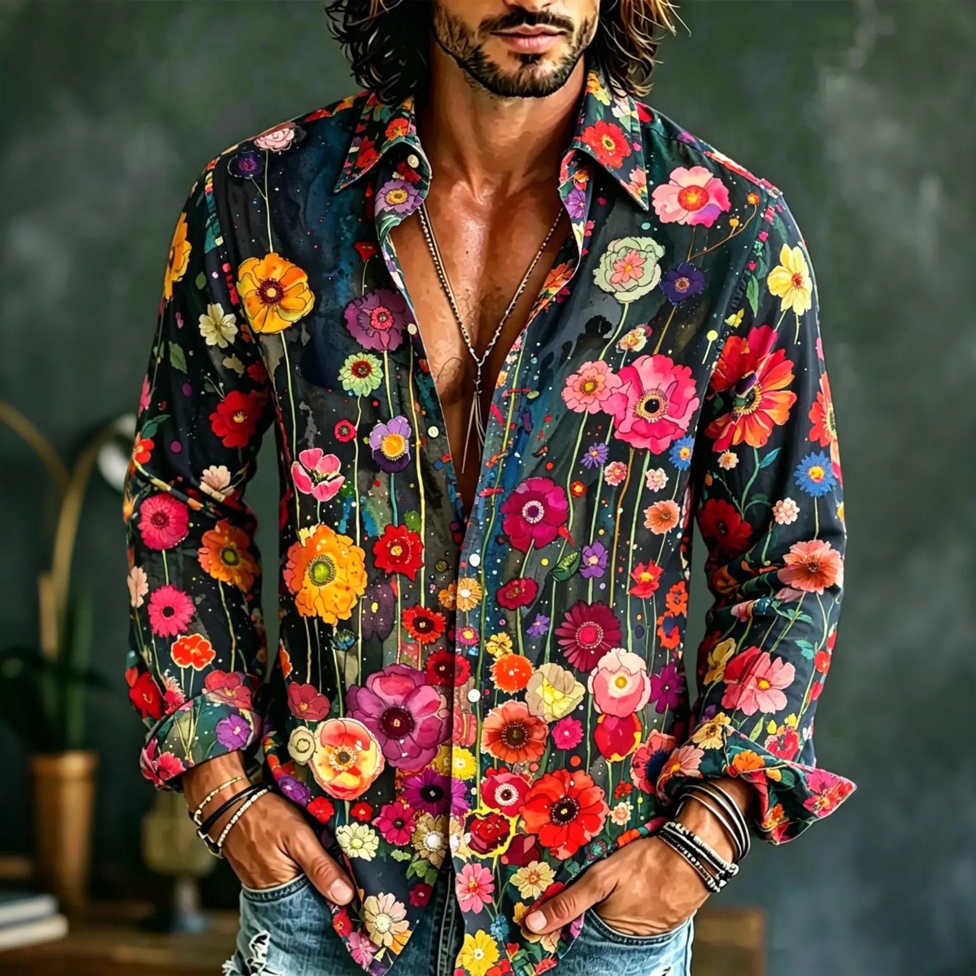 Men's Vintage Hippie Floral Art Print Long Sleeves Linen Shirt