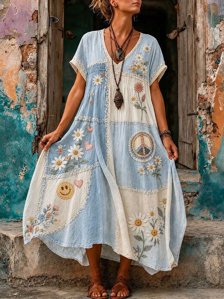 Women's Retro Hippie Peace Floral Embroidery Patchwork Casual Linen Long Dress