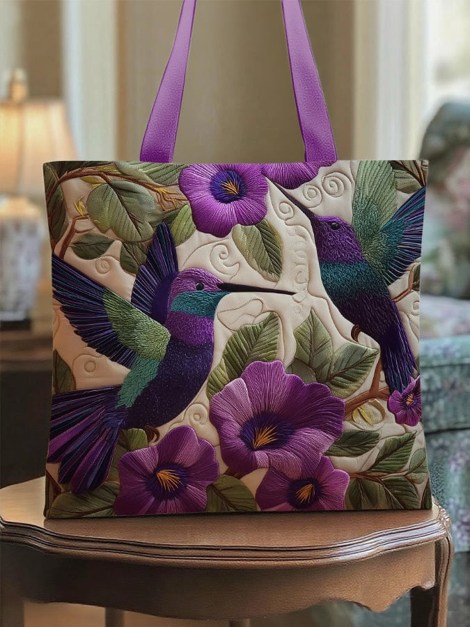 Women's Casual Hummingbird Purple Floral Print Tote Bag