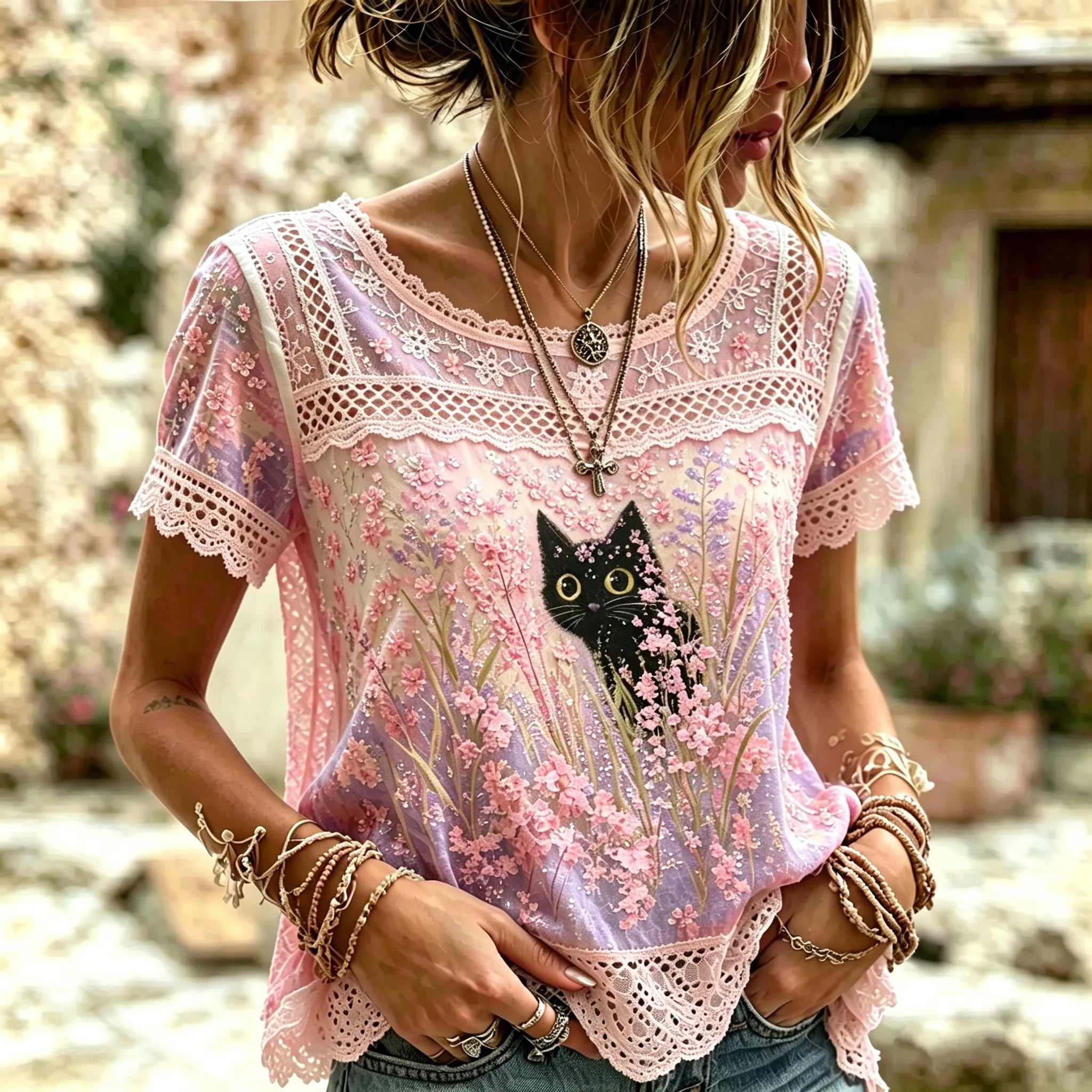 Women's Vintage Bohemian Floral And Cat Print Top