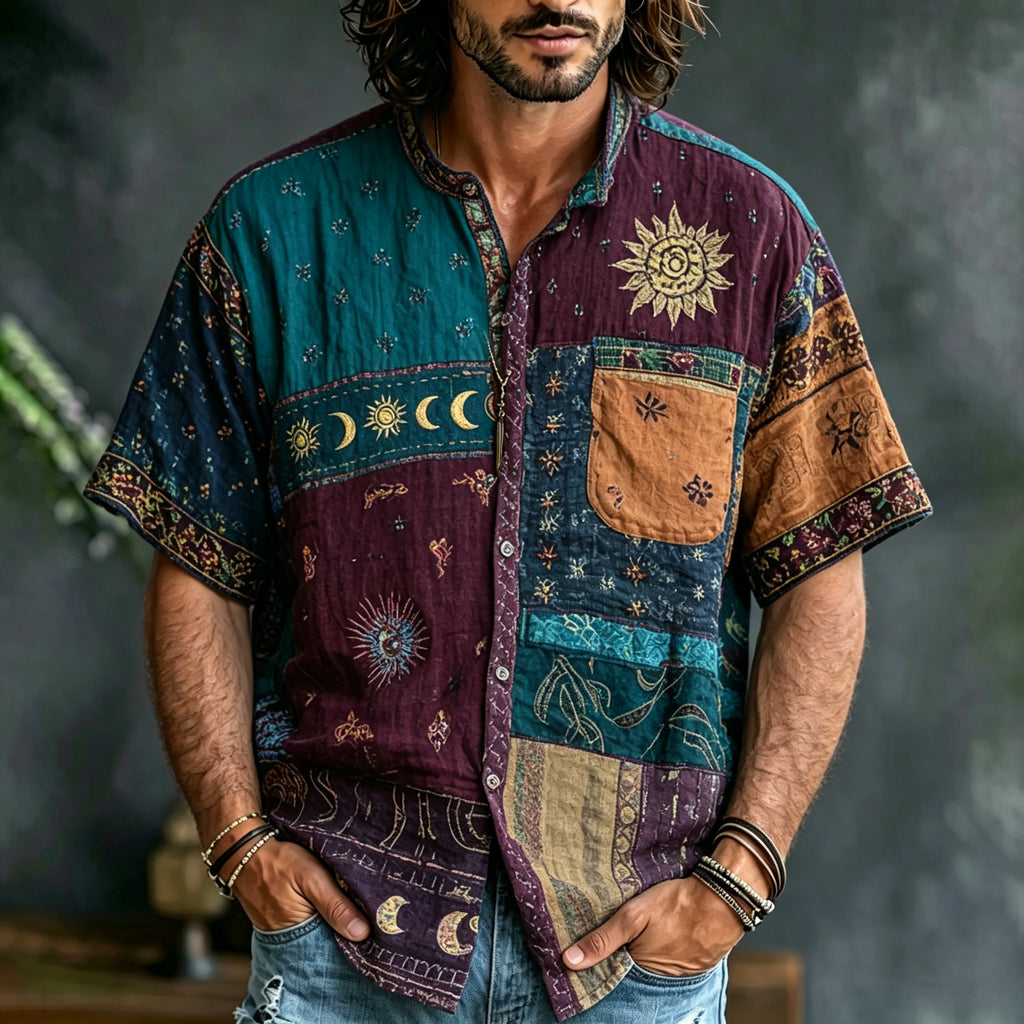 Men's Hippie Retro Sun And Moon Ethnic Print Cotton And Linen Shirt