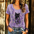 Women's Black Cat Art Print With Purple Flowers Alzheimer's Awareness T-shirt