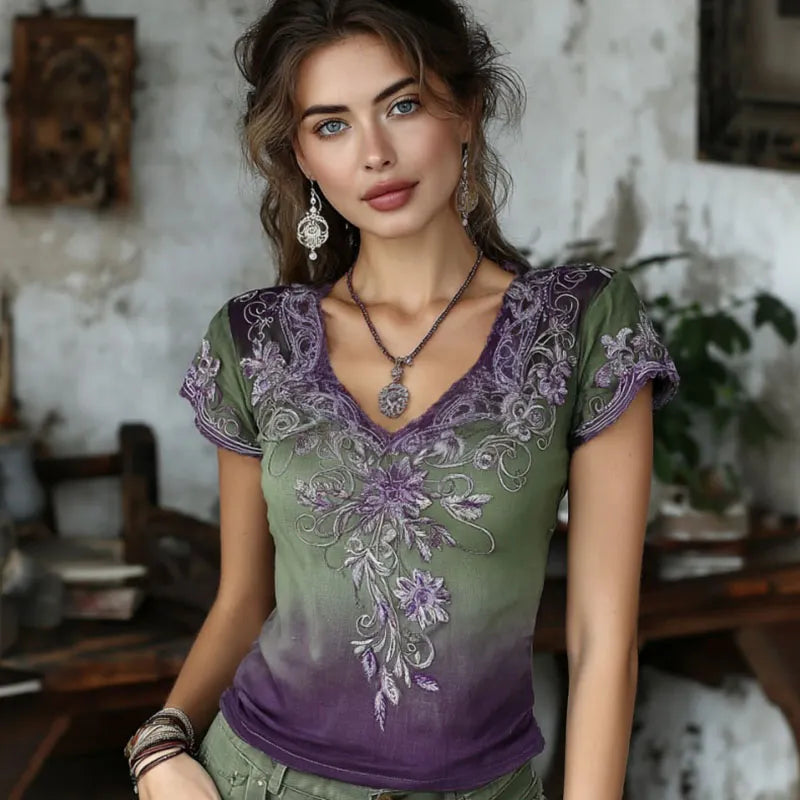 Women's Retro Floral Embroidered Cotton Linen Casual T-shirt