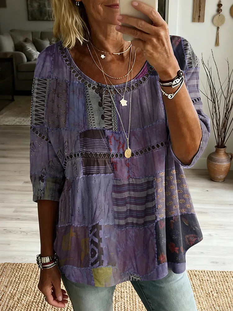 Women's Vintage Patchwork Art Print Flowy Linen Blend Casual Tops