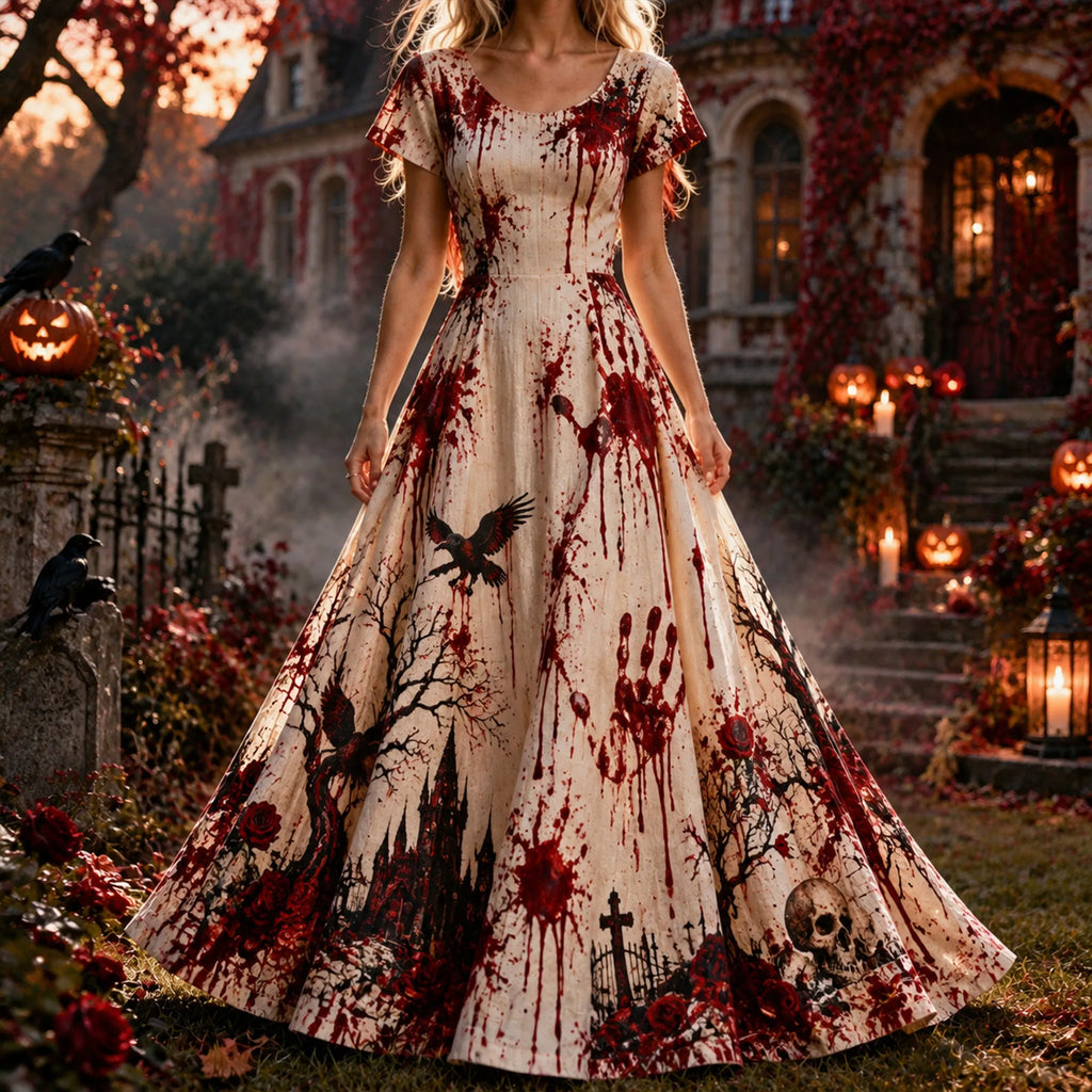Women's Vintage Gothic Long Dress With Blood-drip Print For Halloween
