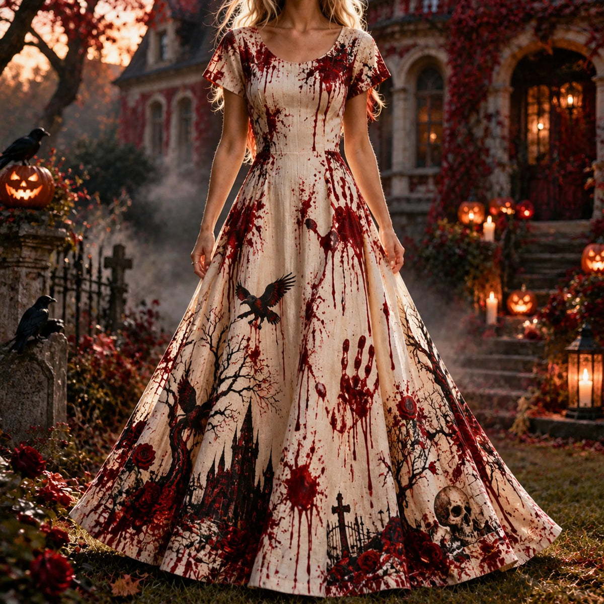 Women's Vintage Gothic Long Dress With Blood-drip Print For Halloween