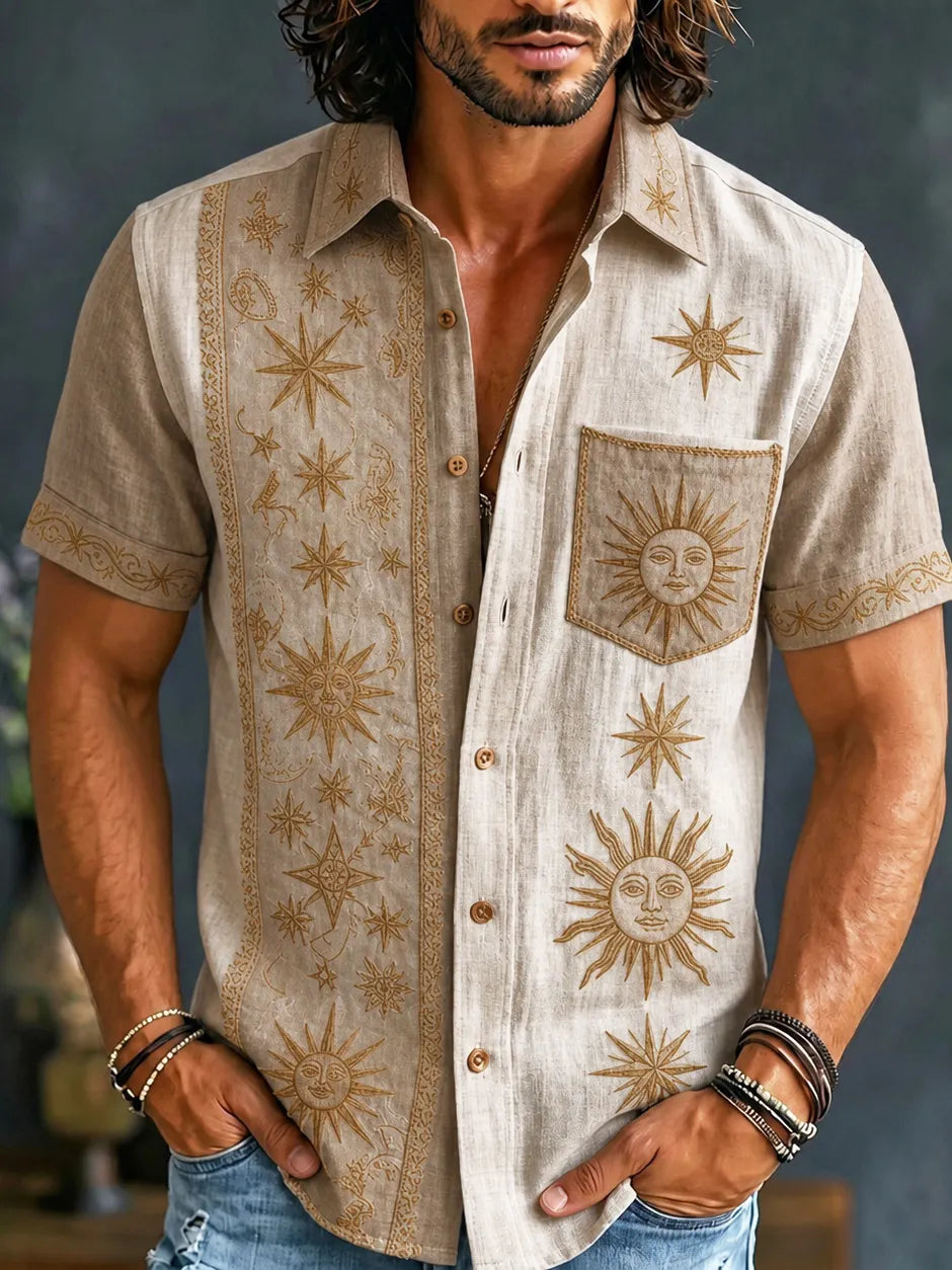 Men's Retro Sun And Star Printed Short Sleeve Shirt