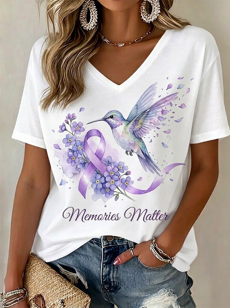 Women's Alzheimer's Awareness Floral Art V-Neck Short-Sleeve T-Shirt