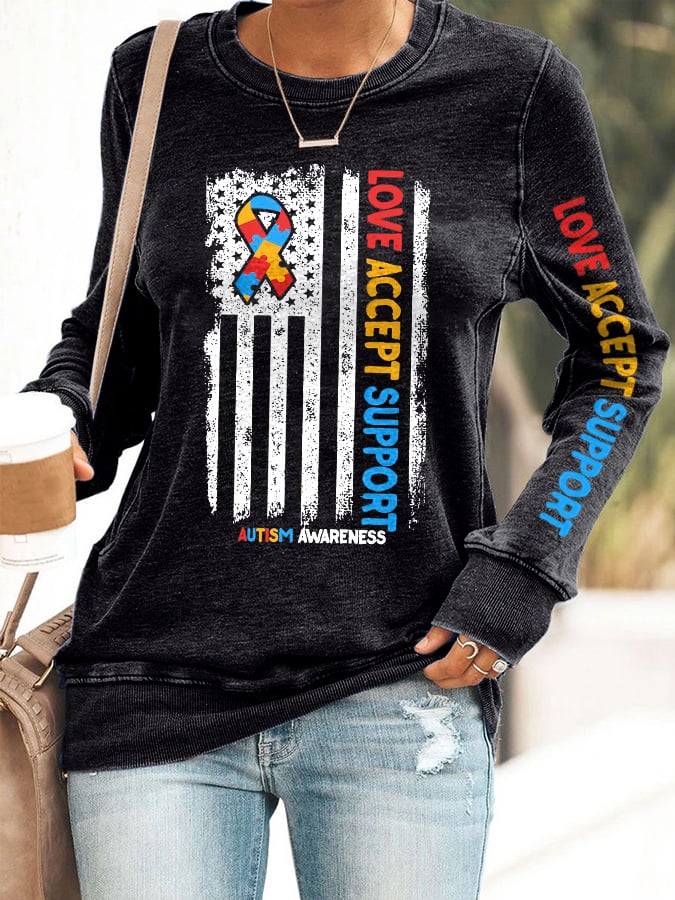 Women'S Love Accept Support  Autism Awareness Print Long Sleeve Sweatshirt