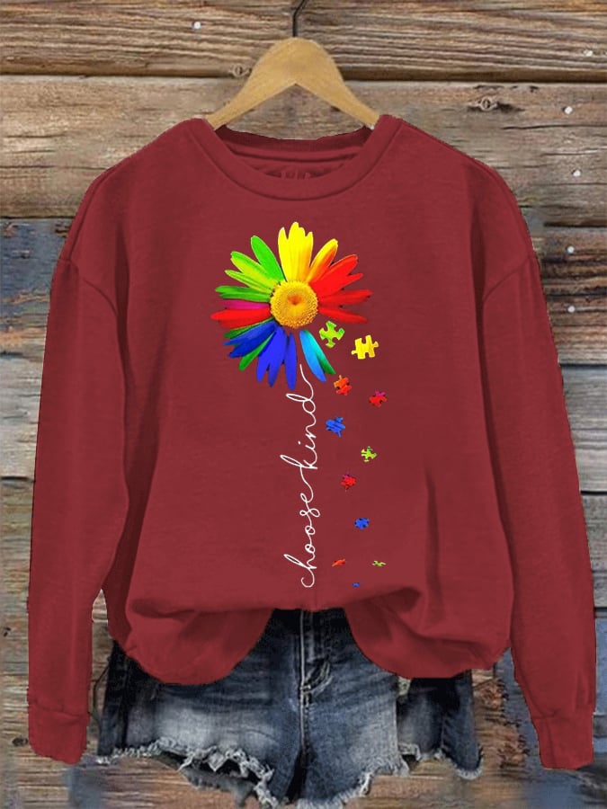 Women's Autism Awareness Choose Kind Sunflower Print Sweatshirt