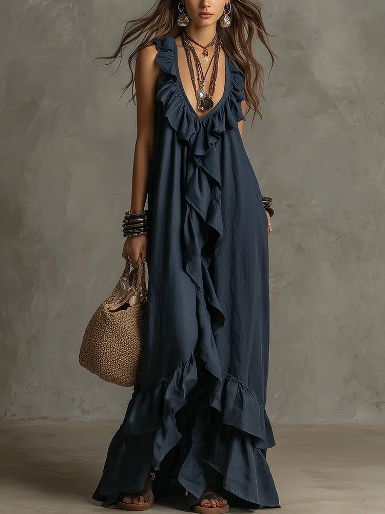 Elegant Bohemian V Neck Ruffle Maxi Dress