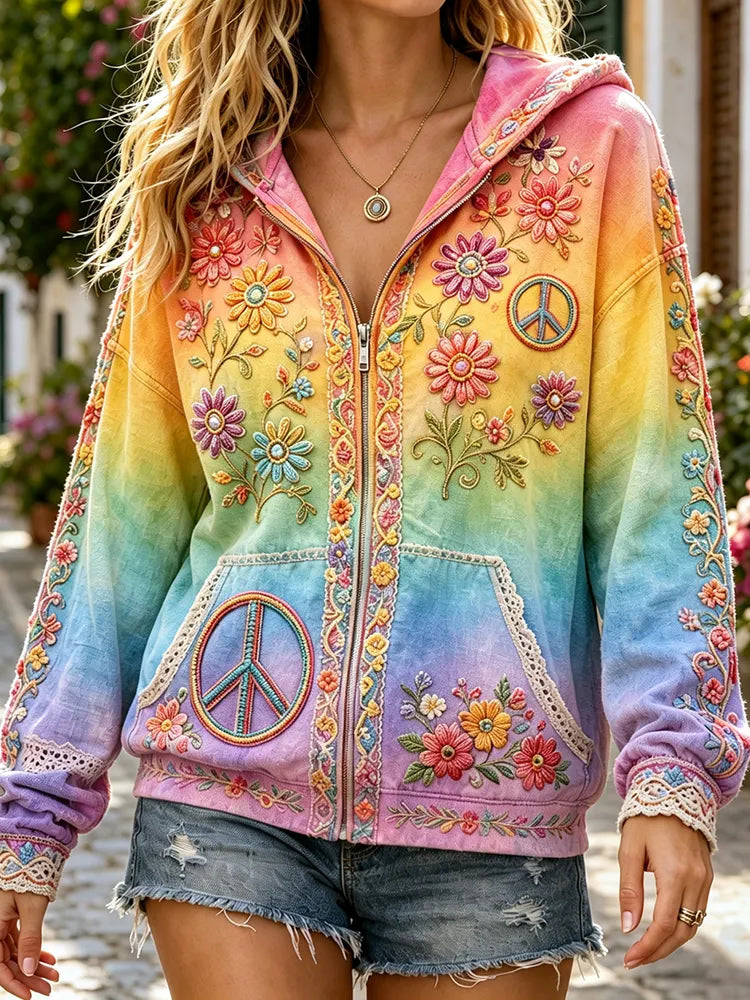 Women's Vintage Hippie Floral Gradient Art Comfy Zipper Hoodie