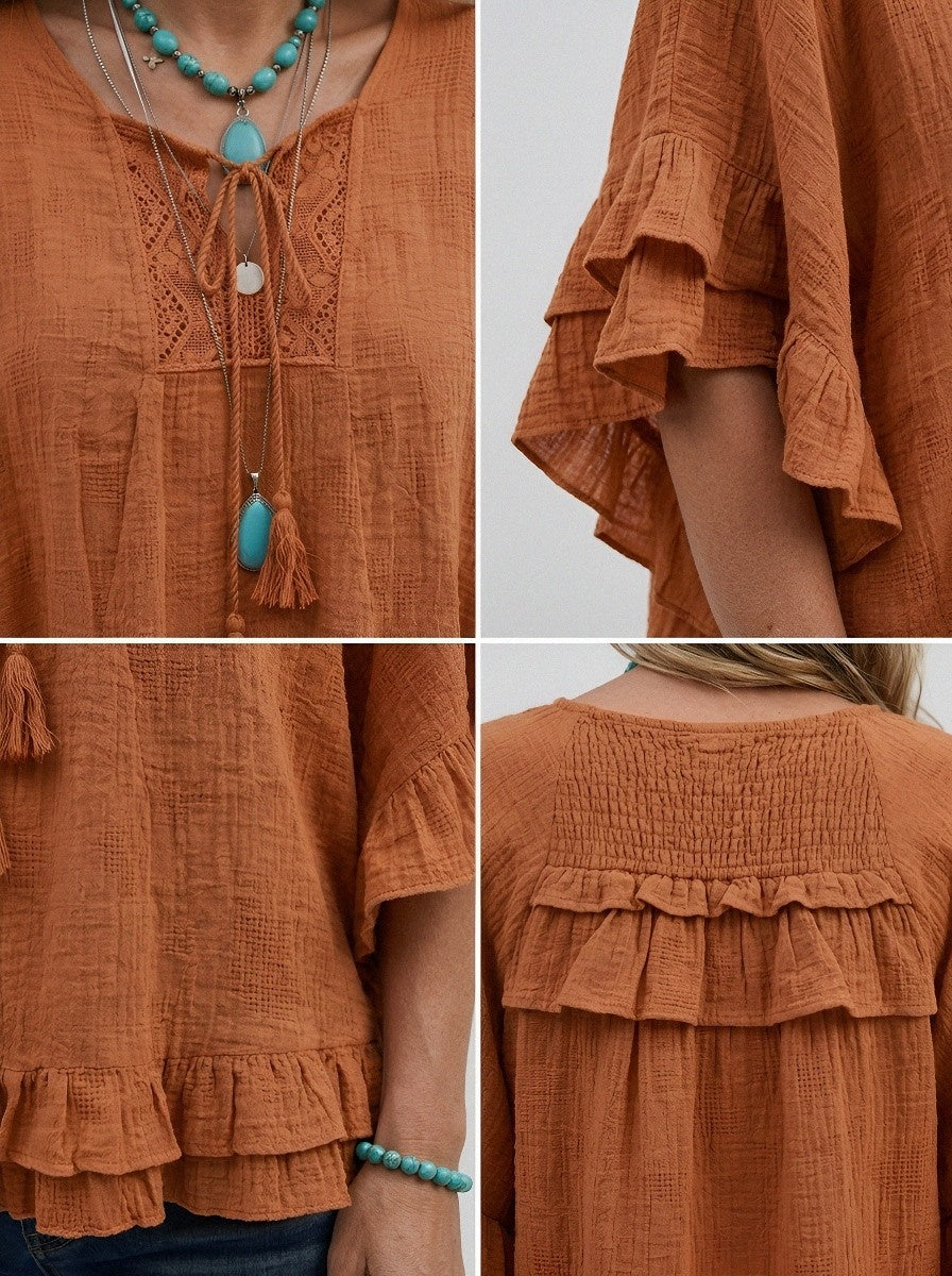 Women's Western Vintage Boho Lace Trim Ruffled Printed Top
