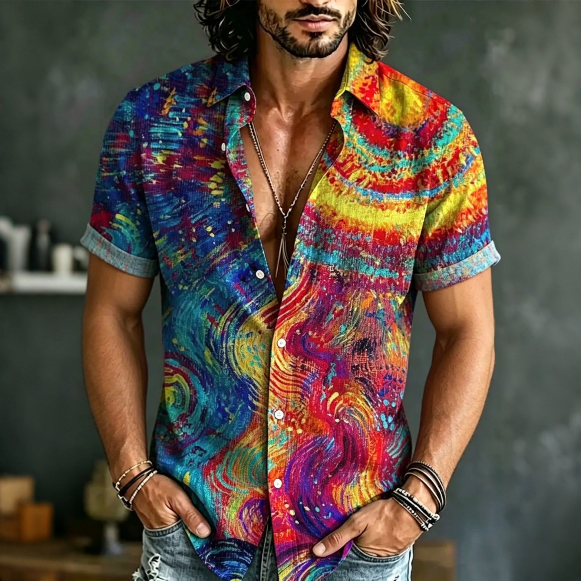 Men's Retro Hippie Tie-dye Print Short-sleeve Cotton Linen Shirt