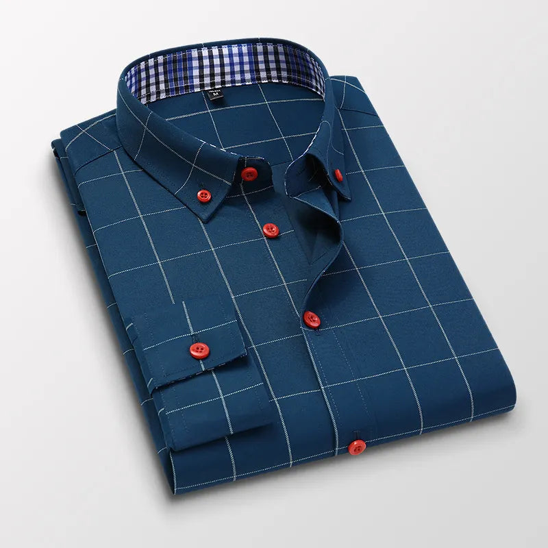 Men’s long-sleeve shirts with a plaid color-block design