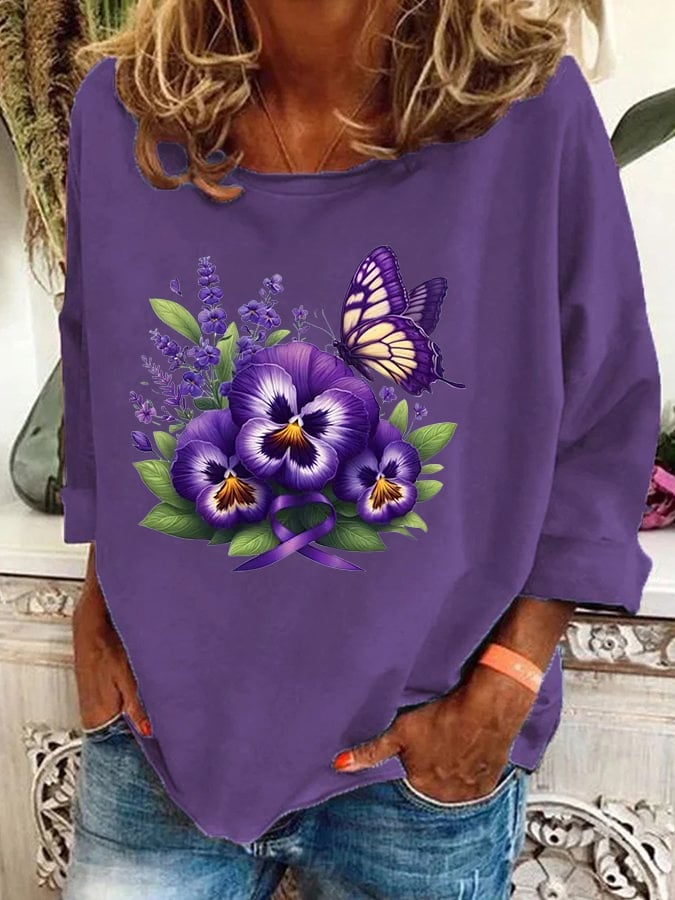 Women's Alzheimer's Awareness Purple Floral Print Casual Sweatshirt