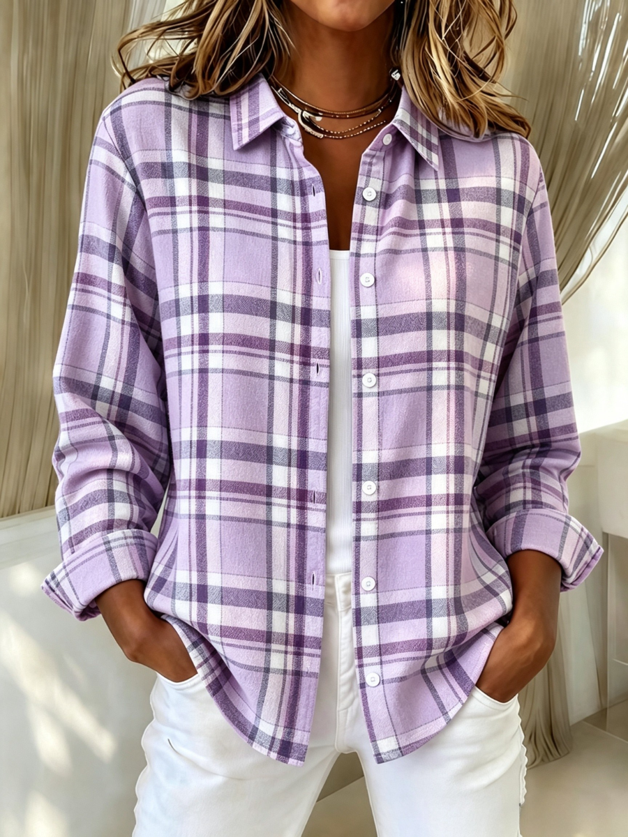 Women's Pink Plaid Print Lapel Long Sleeve Shirt