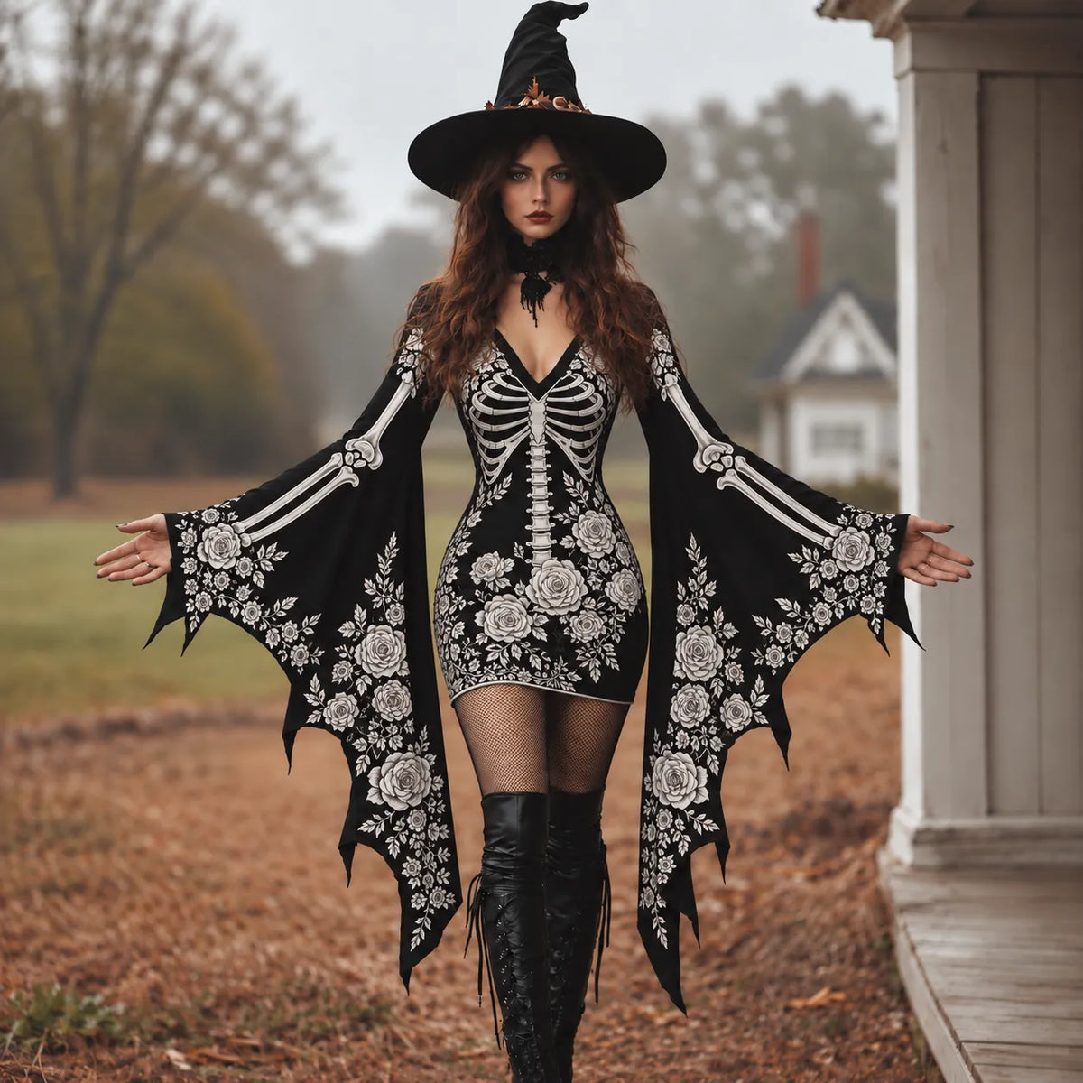 Women's Vintage Gothic Skeleton With White Roses Batwing Flare Sleeve V Neck Bodycon Dress – Halloween Costume