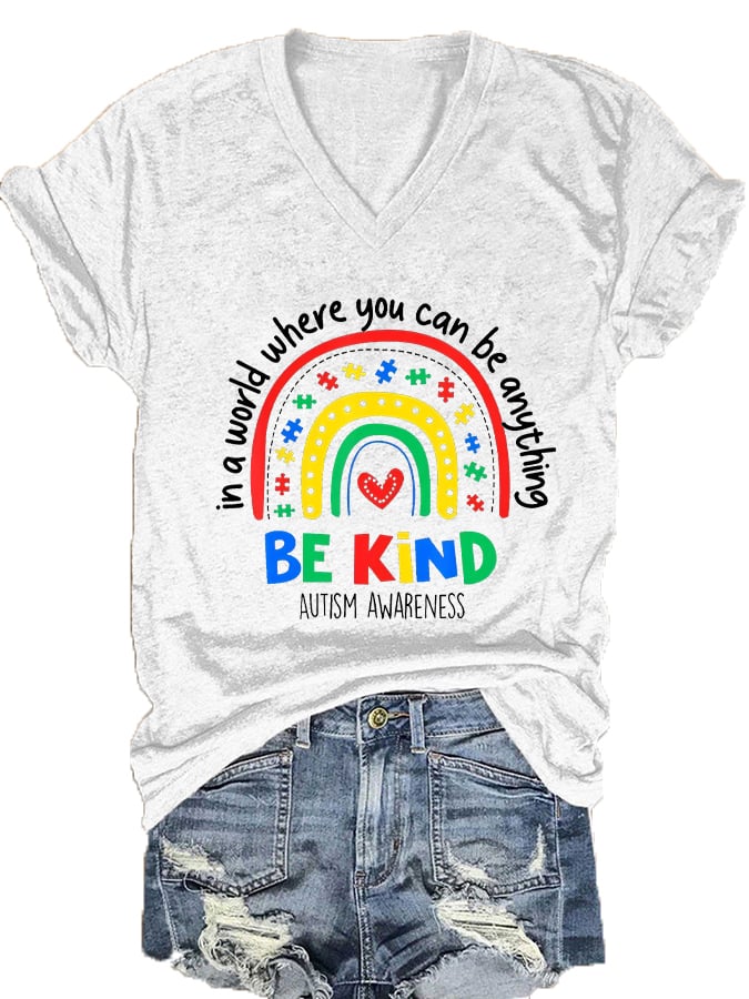 Women's Autism Awareness Rainbow Print V-Neck T-Shirt