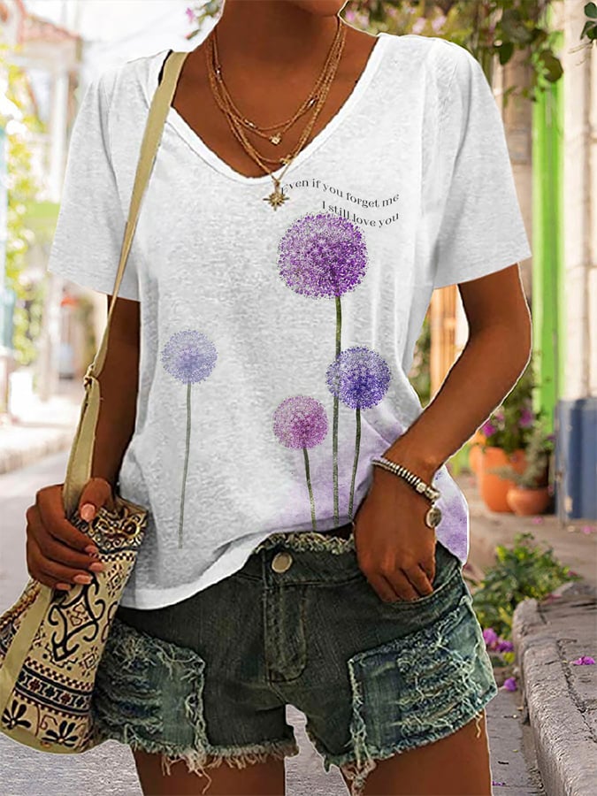 Women's Purple Dandelion Memories Scattered In The Wind Alzheimer's V-Neck T-Shirt