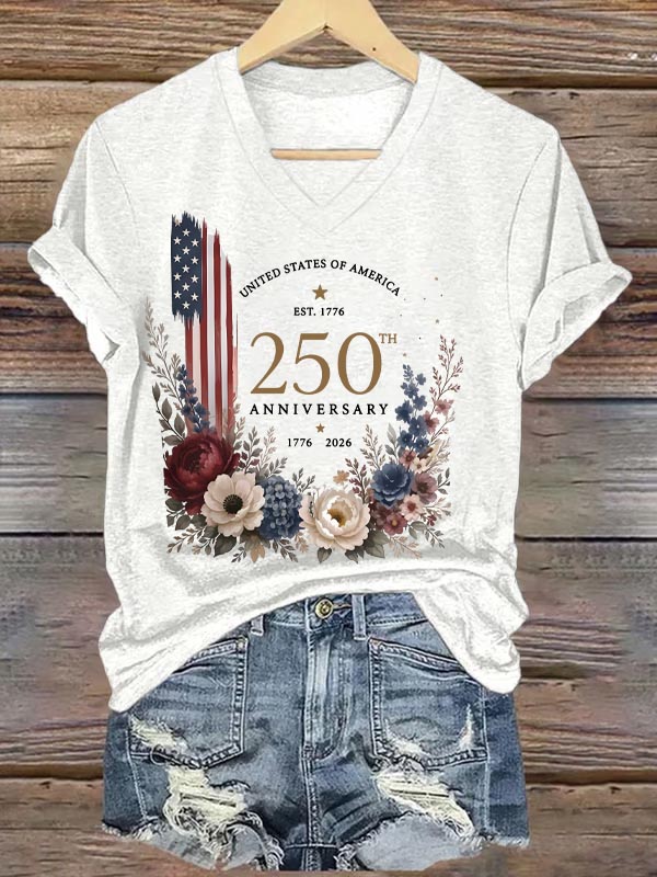 250th Anniversary 1776-2026 Pattern Print V Neck Casual T-Shirt