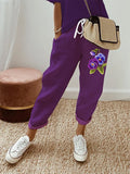 Women's Purple Floral Lace Elastic Waist Loose Casual Pants