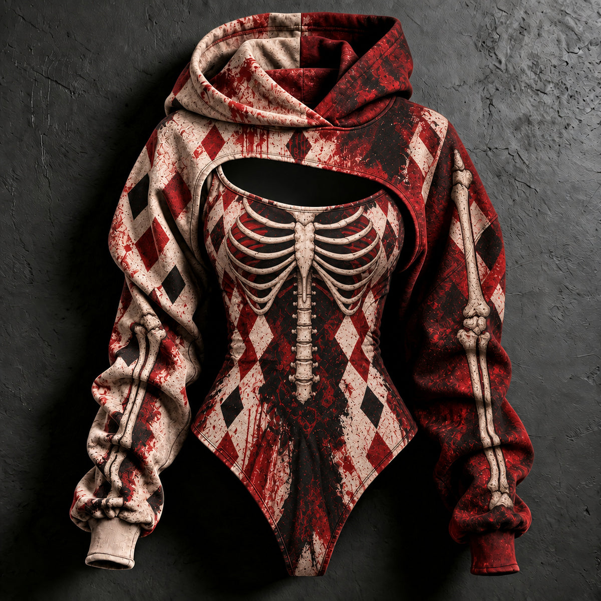 Women's Halloween Bloody Skull Diamond Pattern Print Hoodie Two Piece Set