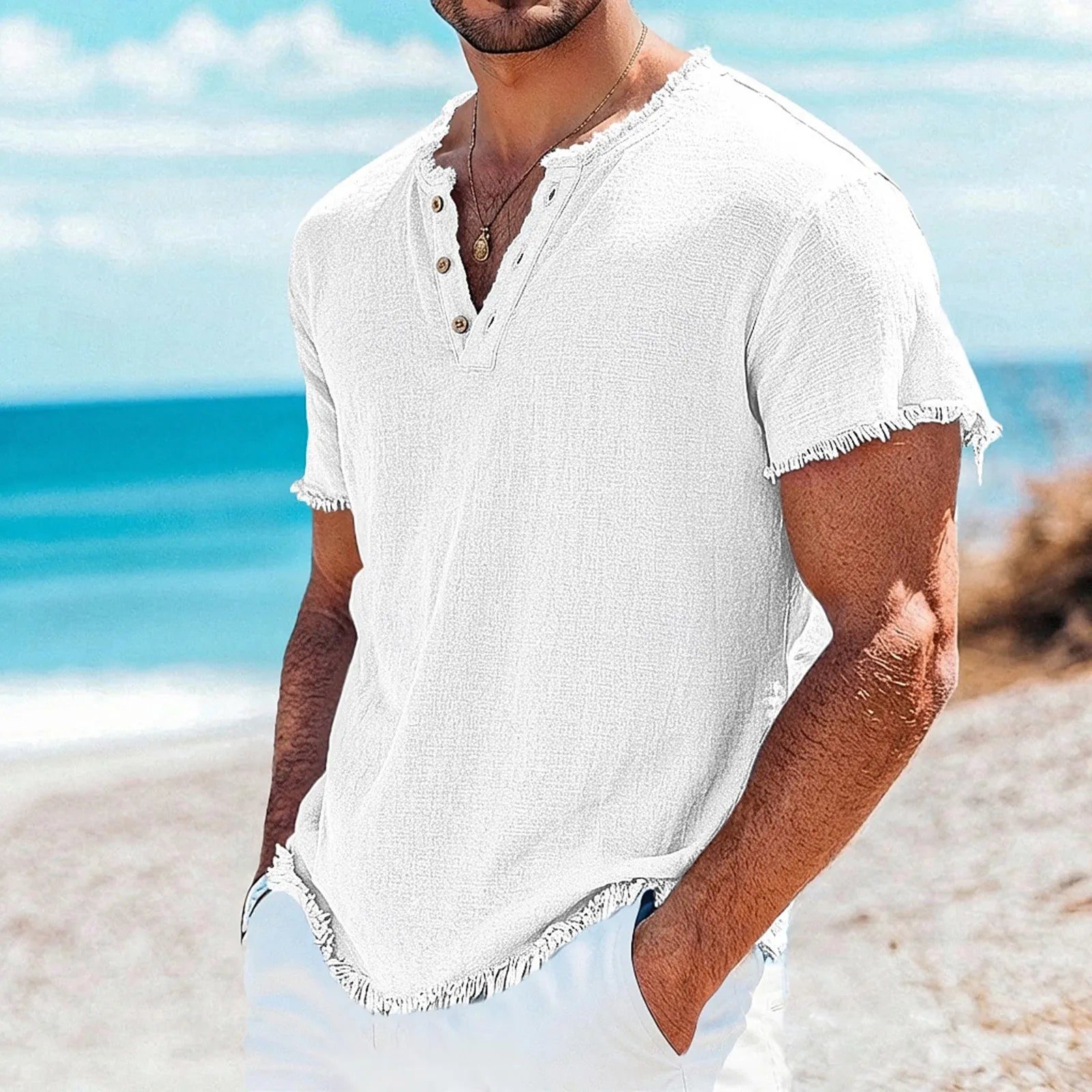 Men's Raw-Edge Cotton-Linen Henley Top