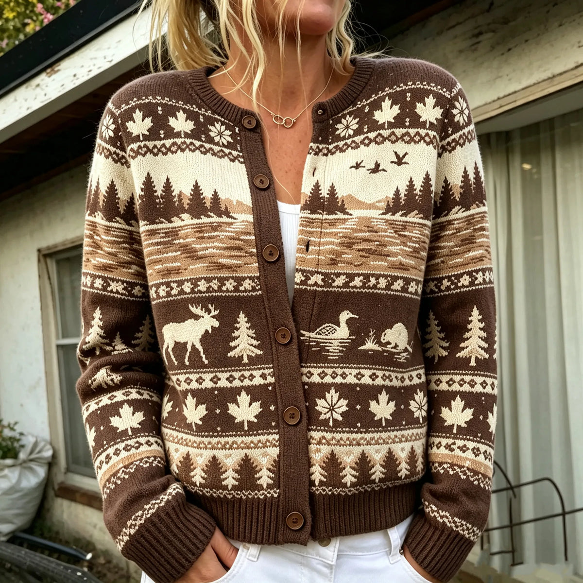Women's Vintage Moose And Maple Leaf Jacquard-knit Icelandic-style Cardigan
